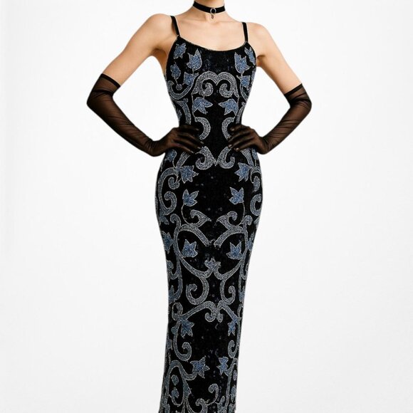 Vintage Black Blue Floral Beaded Silk Bodycon Maxi Prom Dress Size M - Picture 2 of 8